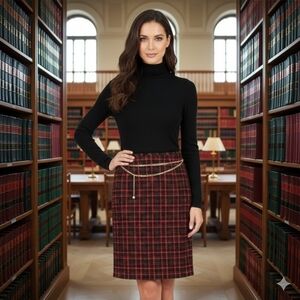 Tahari Sz 16 Skirt Red and Black Tweed Knee-Length Pencil detachable chain NWT